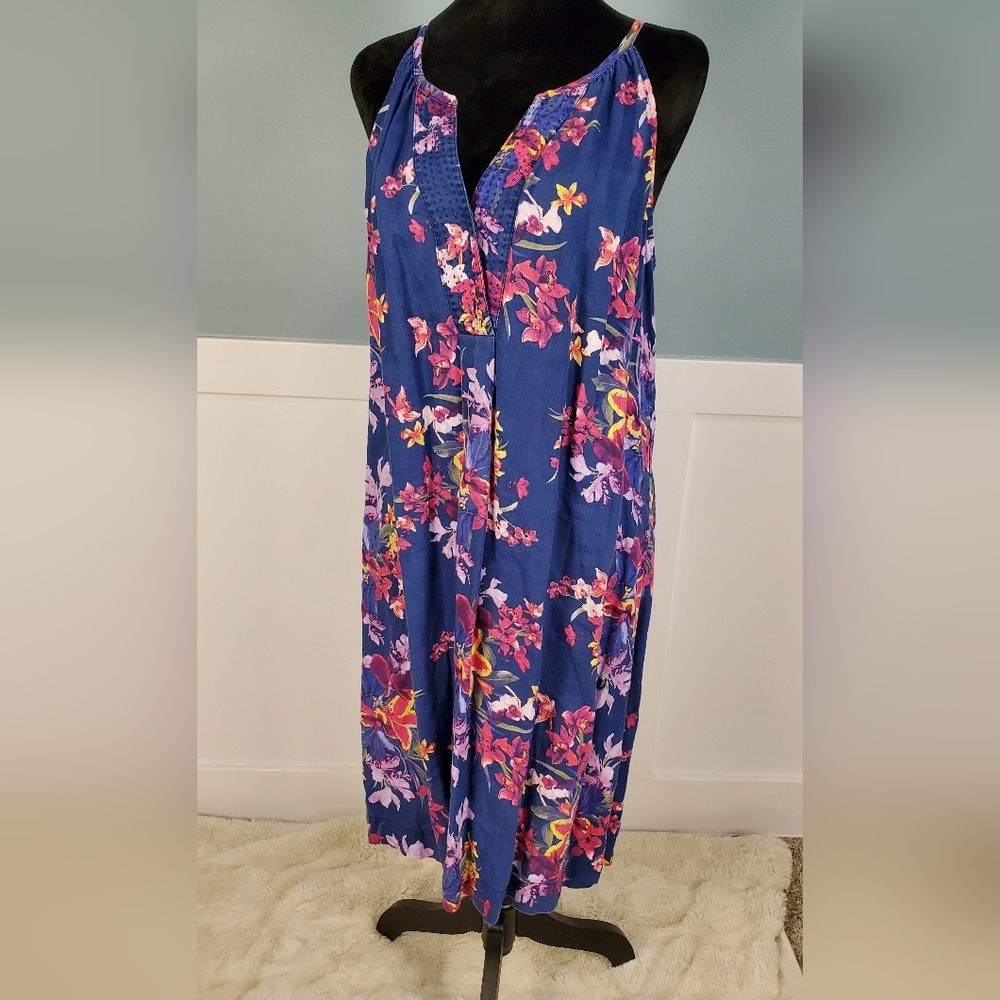 Tommy Bahama Blue Tropical Orchids Floral Linen Dress L